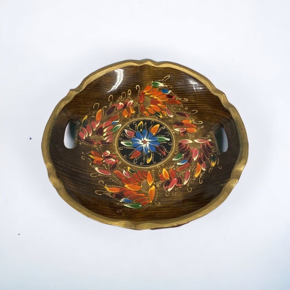 Mexican Folk Art Wood Oval Dish Tray Hand-painted Floral Rustic Home Decor